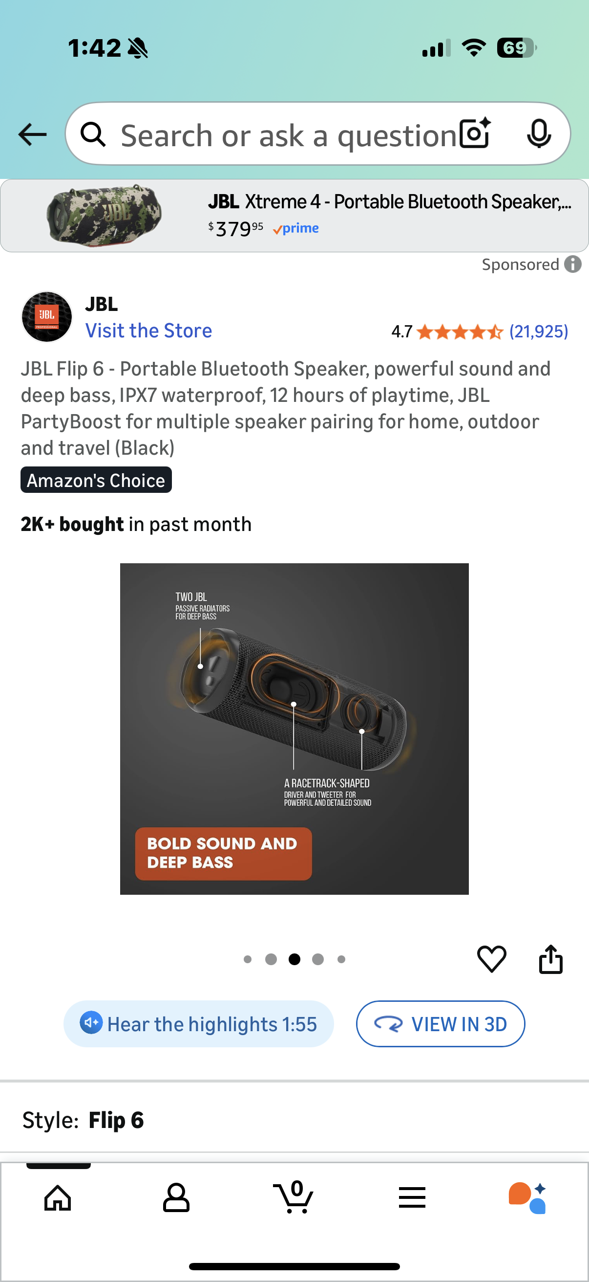 JBL Flip 6 - Portable Bluetooth Speaker, powerful sound and deep bass, IPX7 waterproof, 12 hours of playtime, JBL PartyBoost for multiple speaker pairing for home, outdoor and travel (Black)