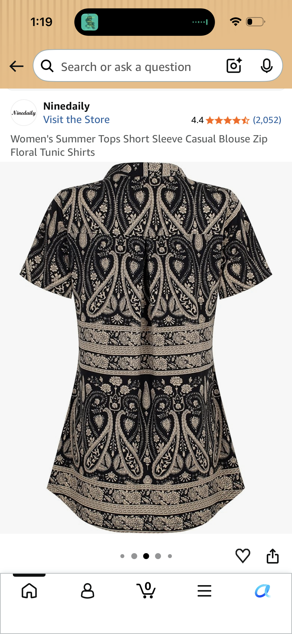 Women's Summer Tops Short Sleeve Casual Blouse Zip Floral Tunic Shirts (Size Large)