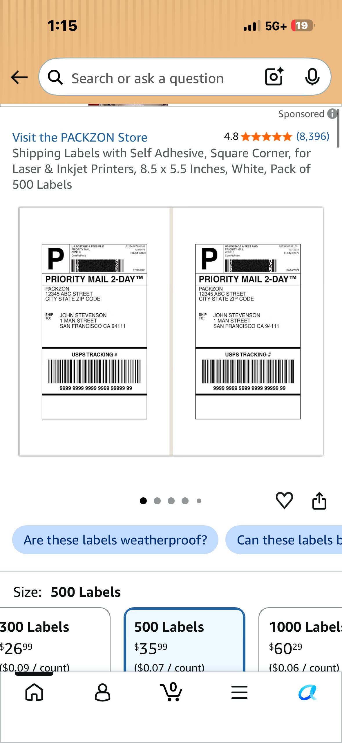 Shipping Labels with Self Adhesive, Square Corner, for Laser & Inkjet Printers, 8.5 x 5.5 Inches, White, Pack of 500 Labels