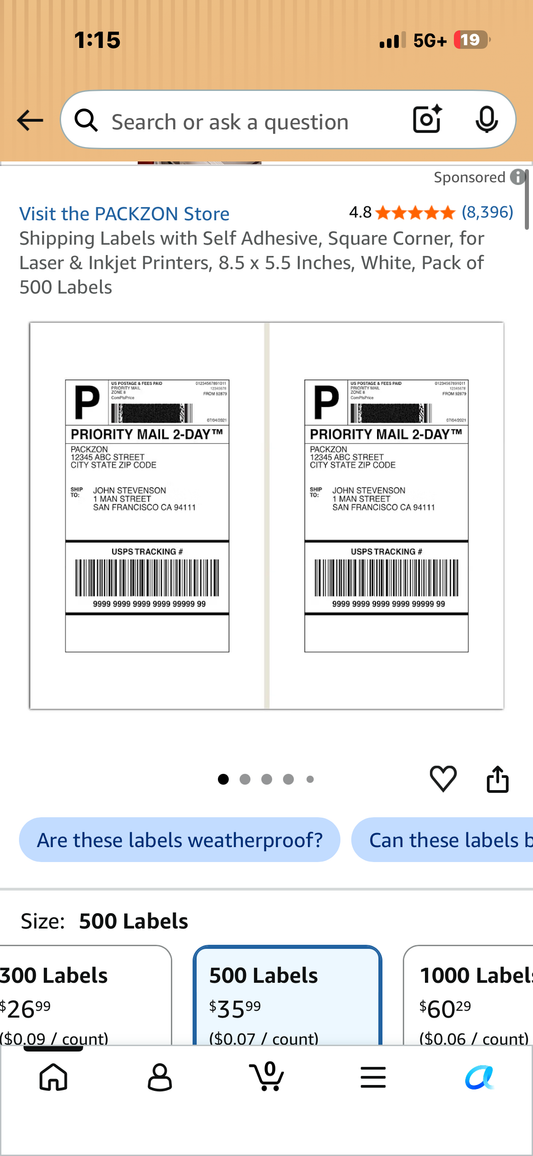 Shipping Labels with Self Adhesive, Square Corner, for Laser & Inkjet Printers, 8.5 x 5.5 Inches, White, Pack of 500 Labels