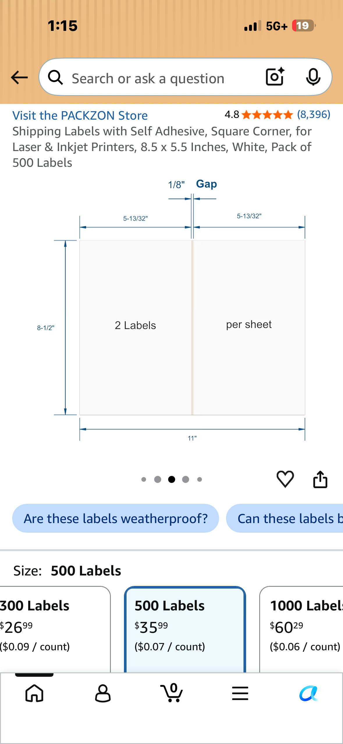 Shipping Labels with Self Adhesive, Square Corner, for Laser & Inkjet Printers, 8.5 x 5.5 Inches, White, Pack of 500 Labels