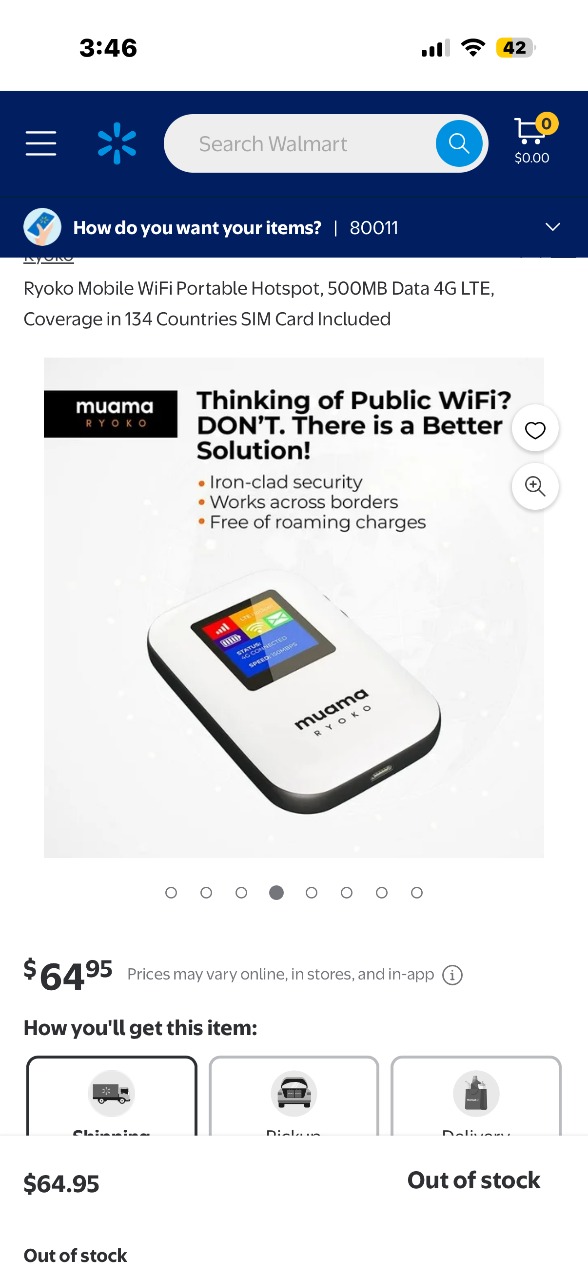 Ryoko Mobile WiFi Portable Hotspot, 500MB Data 4G LTE, Coverage in 134 Countries SIM Card Included