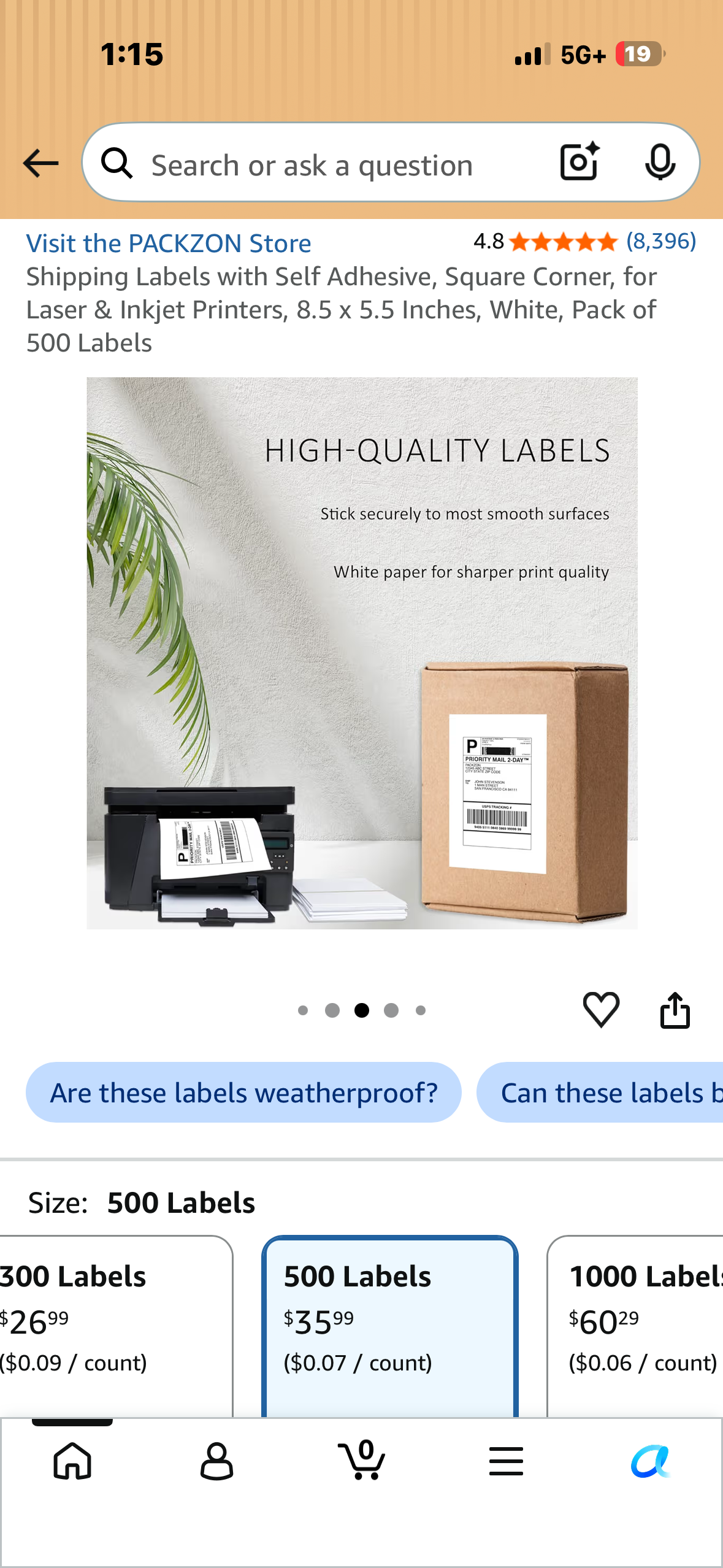 Shipping Labels with Self Adhesive, Square Corner, for Laser & Inkjet Printers, 8.5 x 5.5 Inches, White, Pack of 500 Labels