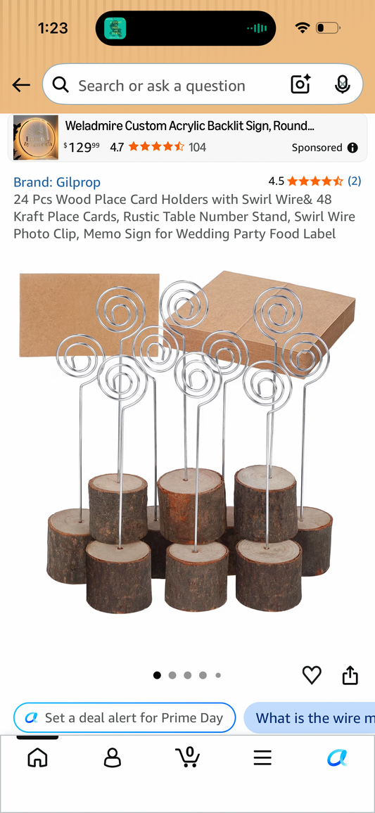 24 Pcs Wood Place Card Holders with Swirl Wire& 48 Kraft Place Cards, Rustic Table Number Stand, Swirl Wire Photo Clip, Memo Sign for Wedding Party Food Label