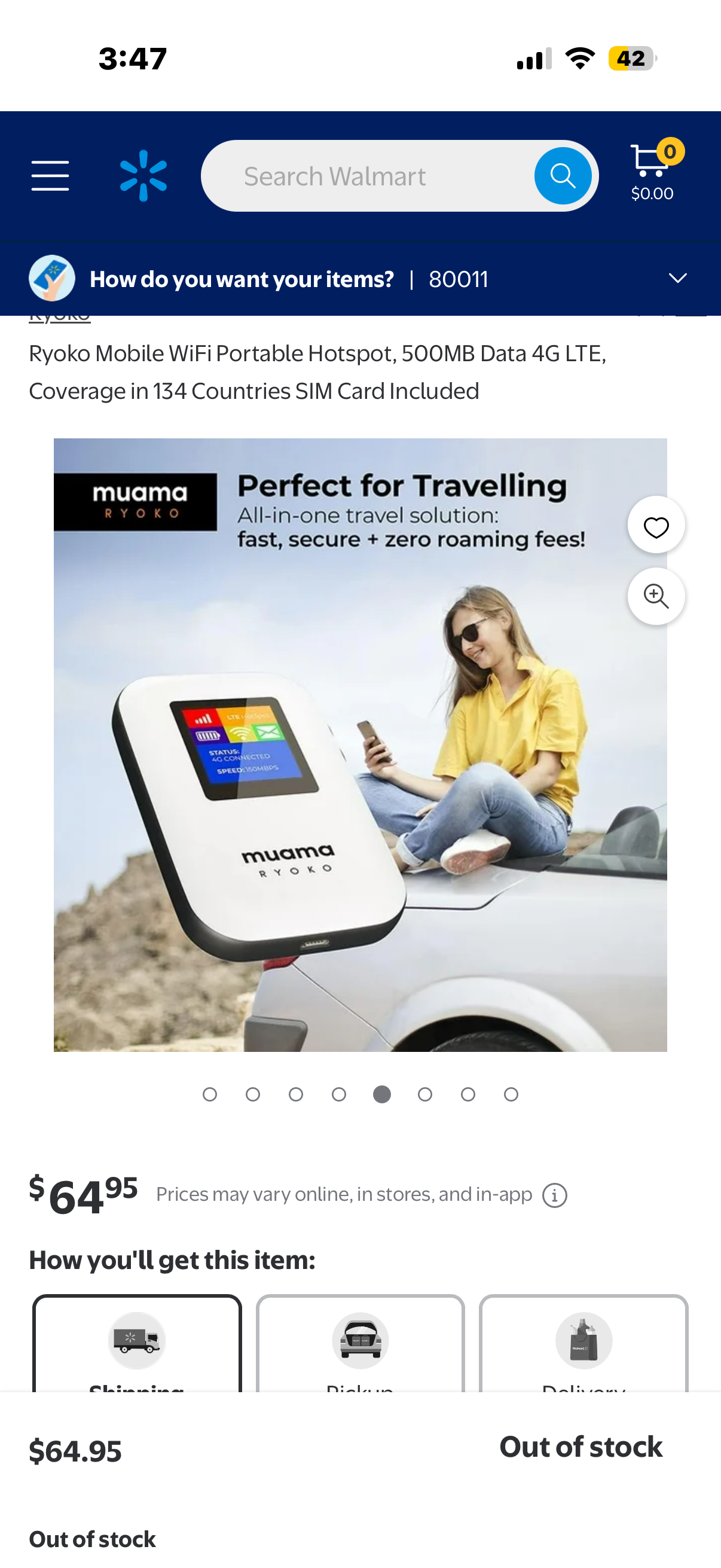 Ryoko Mobile WiFi Portable Hotspot, 500MB Data 4G LTE, Coverage in 134 Countries SIM Card Included