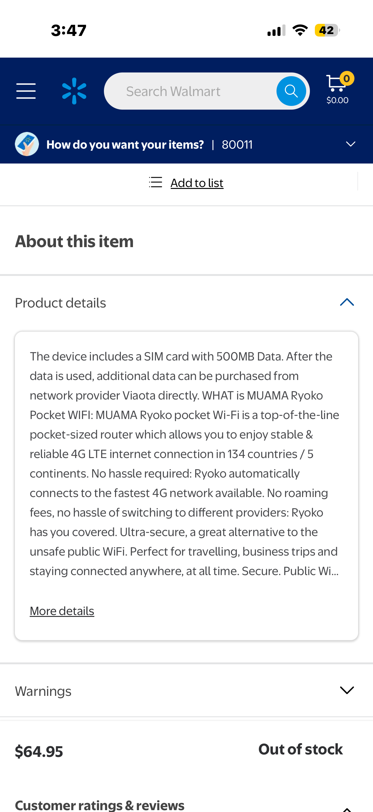 Ryoko Mobile WiFi Portable Hotspot, 500MB Data 4G LTE, Coverage in 134 Countries SIM Card Included