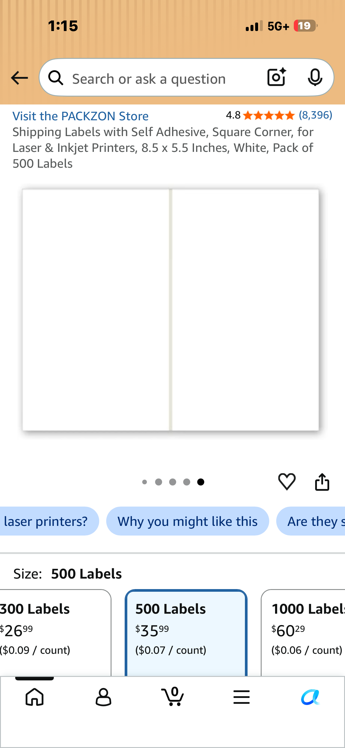 Shipping Labels with Self Adhesive, Square Corner, for Laser & Inkjet Printers, 8.5 x 5.5 Inches, White, Pack of 500 Labels