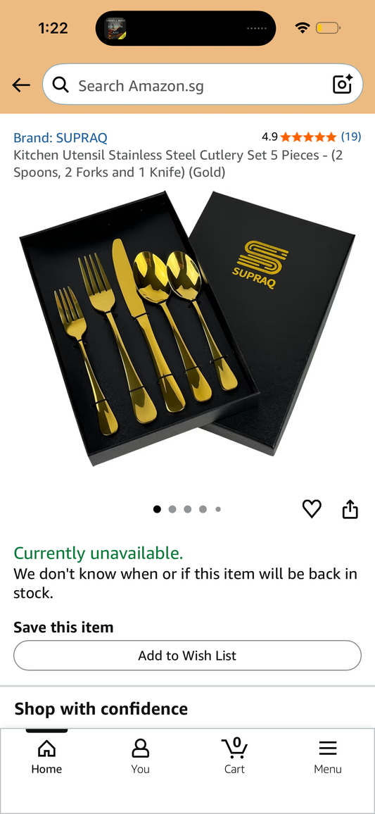 Kitchen Utensil Stainless Steel Cutlery Set 5 Pieces - (2 Spoons, 2 Forks and 1 Knife) (Gold)
