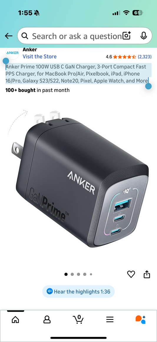 Anker Prime 100W USB C GaN Charger, 3-Port Compact Fast PPS Charger, for MacBook Pro/Air, Pixelbook, iPad, iPhone 16/Pro, Galaxy S23/S22, Note20, Pixel, Apple Watch, and More