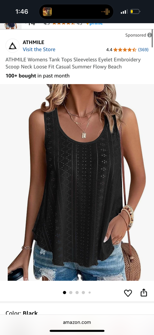 Womens Tank Tops Sleeveless Eyelet Embroidery Scoop Neck Loose Fit Casual Summer Flowy Beach size Small