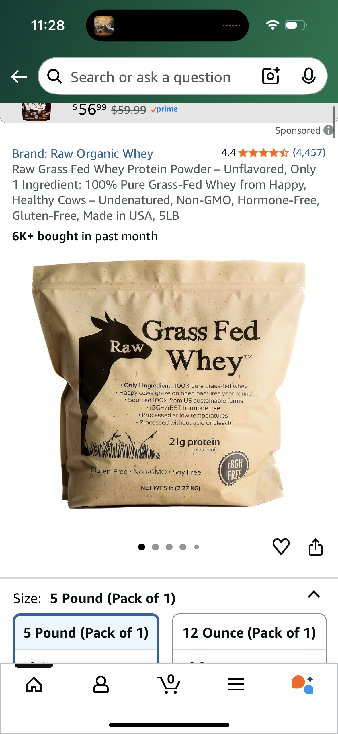 Raw Grass Fed Whey Protein Powder – Unflavored, Only 1 Ingredient: 100% Pure Grass-Fed Whey from Happy, Healthy Cows – Undenatured, Non-GMO, Hormone-Free, Gluten-Free, Made in USA, 5LB