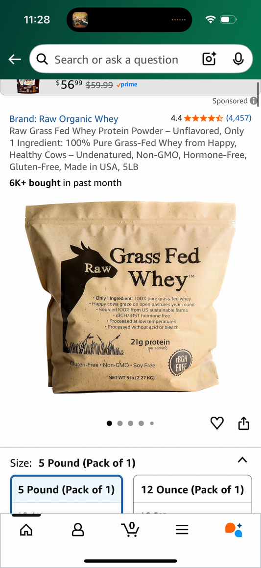 Raw Grass Fed Whey Protein Powder – Unflavored, Only 1 Ingredient: 100% Pure Grass-Fed Whey from Happy, Healthy Cows – Undenatured, Non-GMO, Hormone-Free, Gluten-Free, Made in USA, 5LB