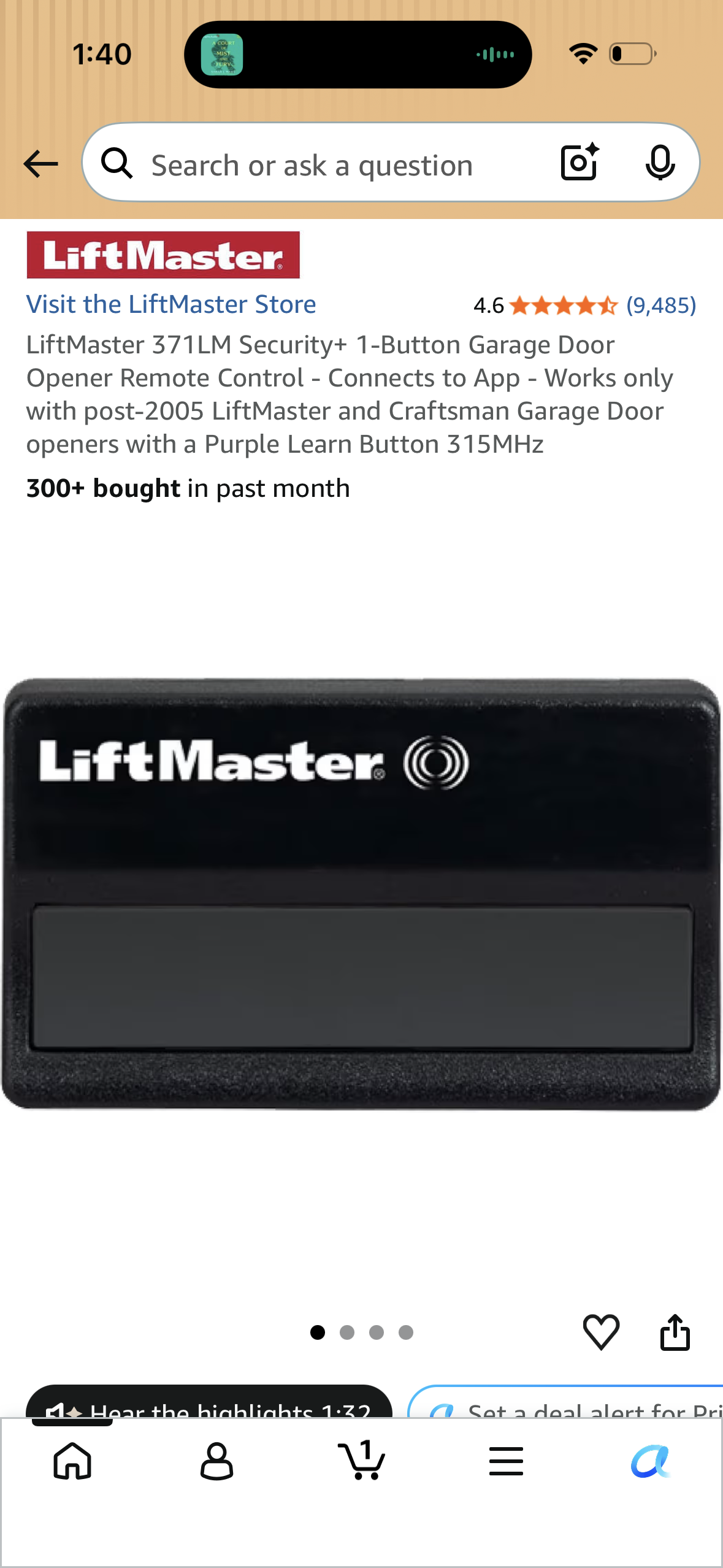 LiftMaster 371LM Security+ 1-Button Garage Door Opener Remote Control - Connects to App - Works only with post-2005 LiftMaster and Craftsman Garage Door openers with a Purple Learn Button 315MHz