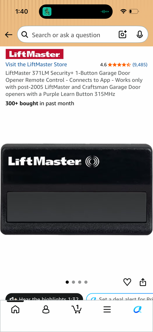 LiftMaster 371LM Security+ 1-Button Garage Door Opener Remote Control - Connects to App - Works only with post-2005 LiftMaster and Craftsman Garage Door openers with a Purple Learn Button 315MHz
