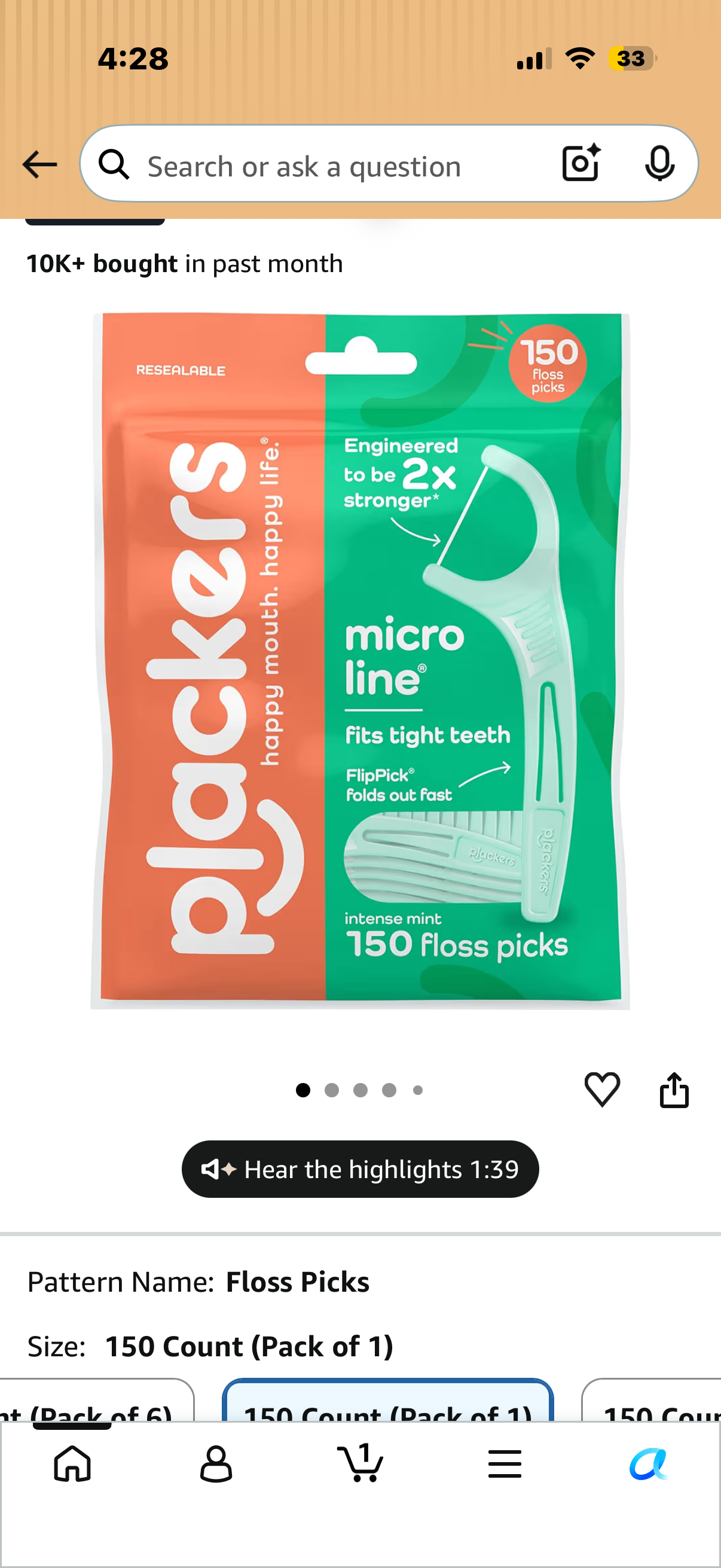 Plackers® Micro Line® Floss Picks - Intense Mint, Floss Fiber Made Without PTFE, 150 Count