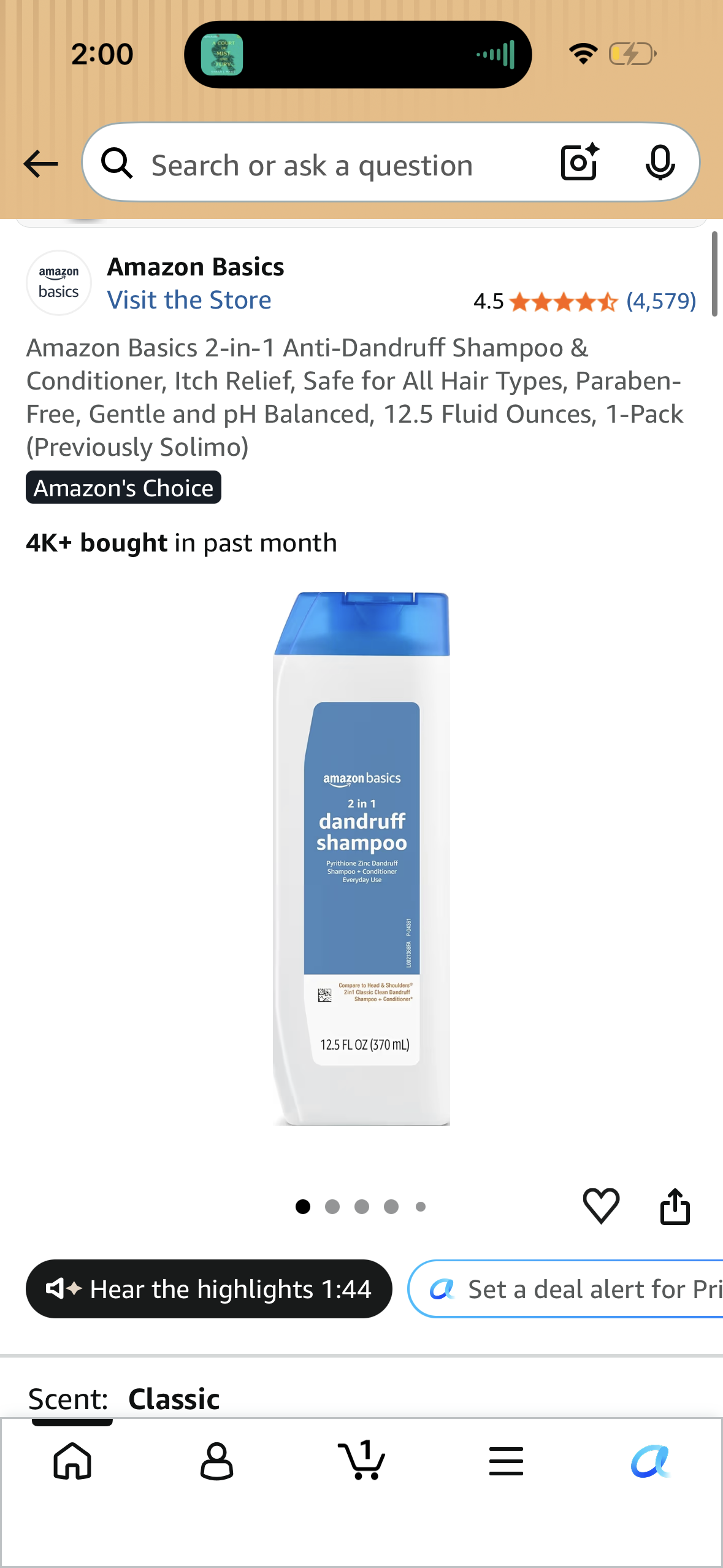 Amazon Basics 2-in-1 Anti-Dandruff Shampoo & Conditioner, Itch Relief, Safe for All Hair Types, Paraben-Free, Gentle and pH Balanced, 12.5 Fluid Ounces, 1-Pack (Previously Solimo)