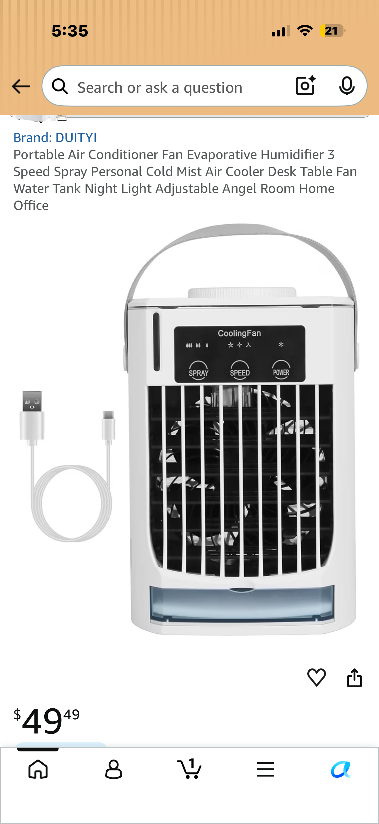 Portable Air Conditioner Fan Evaporative Humidifier 3 Speed Spray Personal Cold Mist Air Cooler Desk Table Fan Water Tank Night Light Adjustable Angel Room Home Office