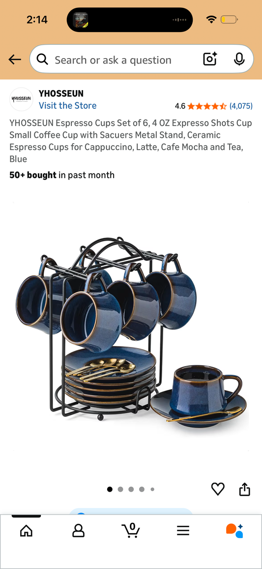 YHOSSEUN Espresso Cups Set of 6, 4 OZ Expresso Shots Cup Small Coffee Cup with Sacuers Metal Stand, Ceramic Espresso Cups for Cappuccino, Latte, Cafe Mocha and Tea, Blue