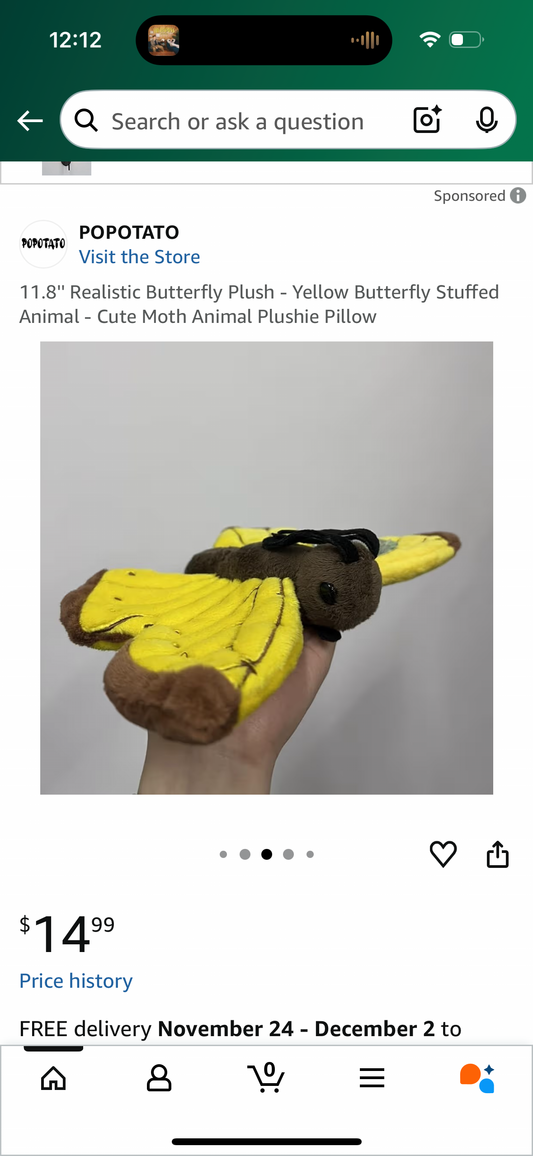 11.8'' Realistic Butterfly Plush - Yellow Butterfly Stuffed Animal - Cute Moth Animal Plushie Pillow