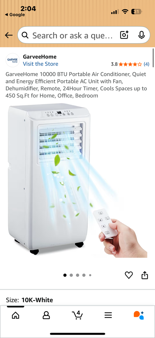 GarveeHome 10000 BTU Portable Air Conditioner, Quiet and Energy Efficient Portable AC Unit with Fan, Dehumidifier, Remote, 24Hour Timer, Cools Spaces up to 450 Sq.Ft for Home, Office, Bedroom (R706)