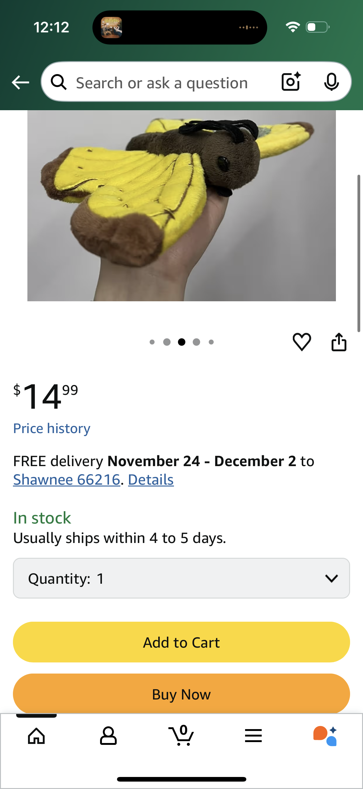 11.8'' Realistic Butterfly Plush - Yellow Butterfly Stuffed Animal - Cute Moth Animal Plushie Pillow