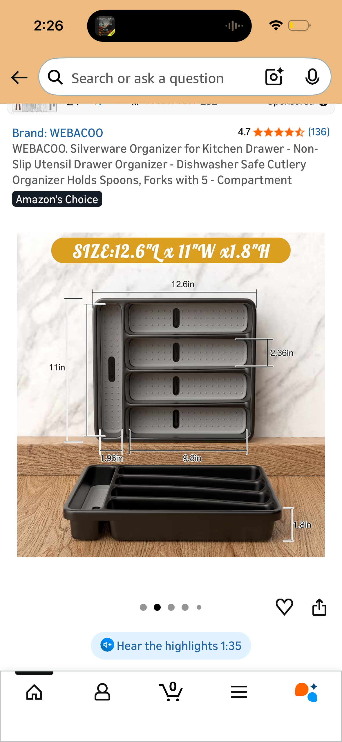 WEBACOO. Silverware Organizer for Kitchen Drawer - Non-Slip Utensil Drawer Organizer - Dishwasher Safe Cutlery Organizer Holds Spoons, Forks with 5 - Compartment