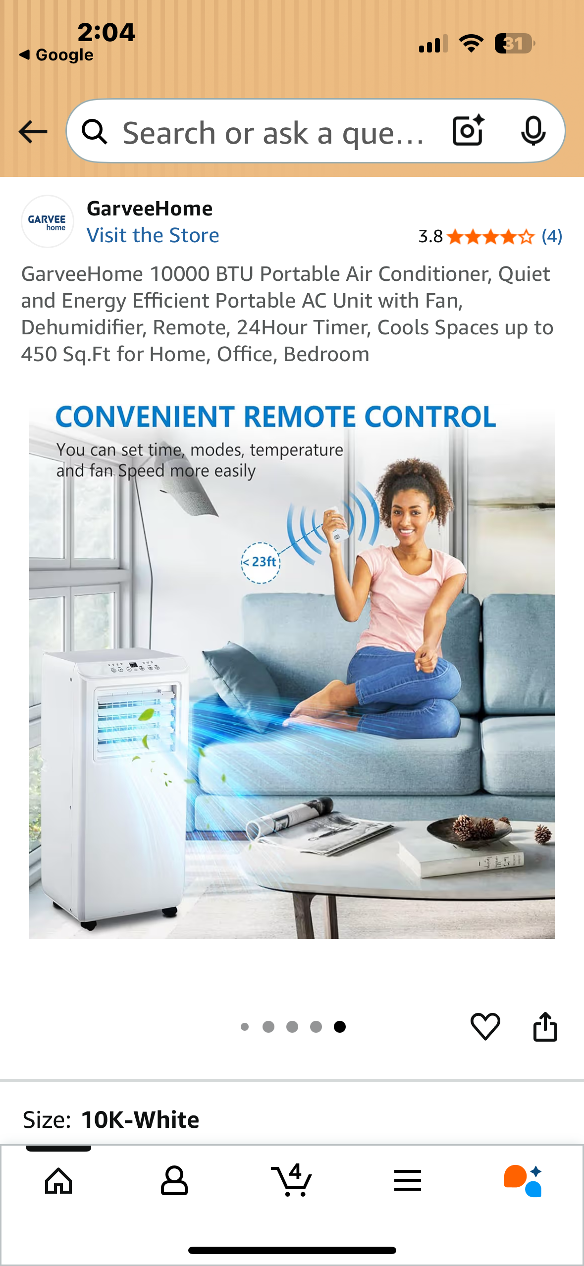 GarveeHome 10000 BTU Portable Air Conditioner, Quiet and Energy Efficient Portable AC Unit with Fan, Dehumidifier, Remote, 24Hour Timer, Cools Spaces up to 450 Sq.Ft for Home, Office, Bedroom (R706)