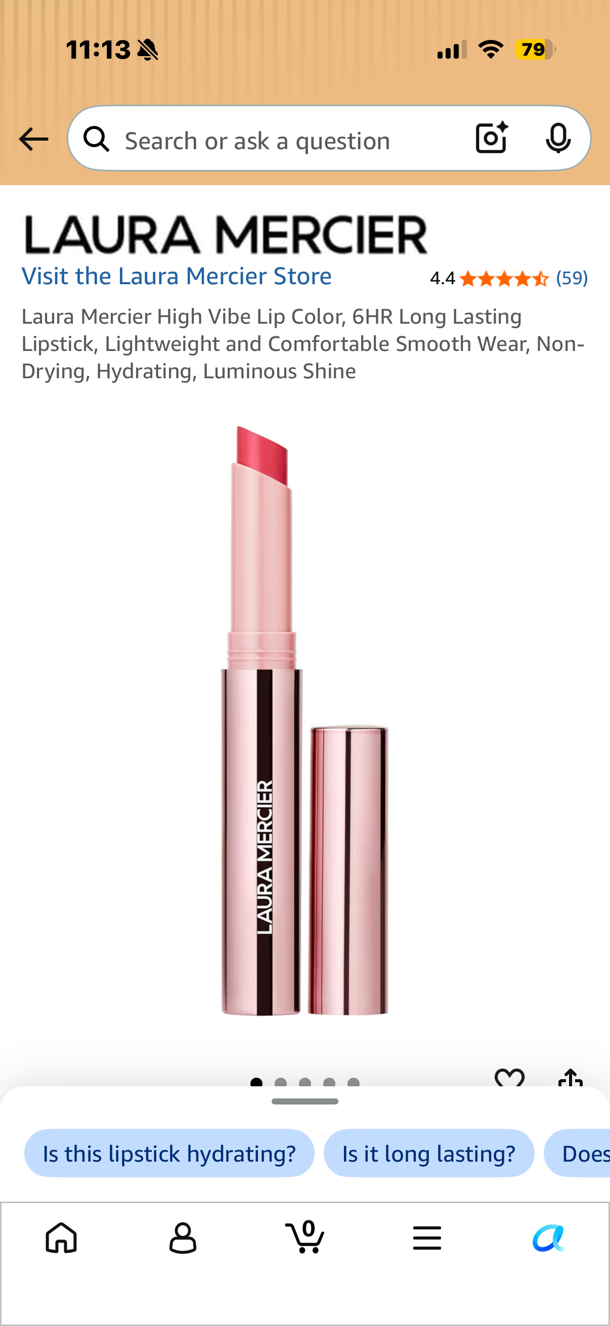 Laura Mercier High Vibe Lip Color, 6HR Long Lasting Lipstick, Lightweight and Comfortable Smooth Wear, Non-Drying, Hydrating, Luminous Shine BRIGHT