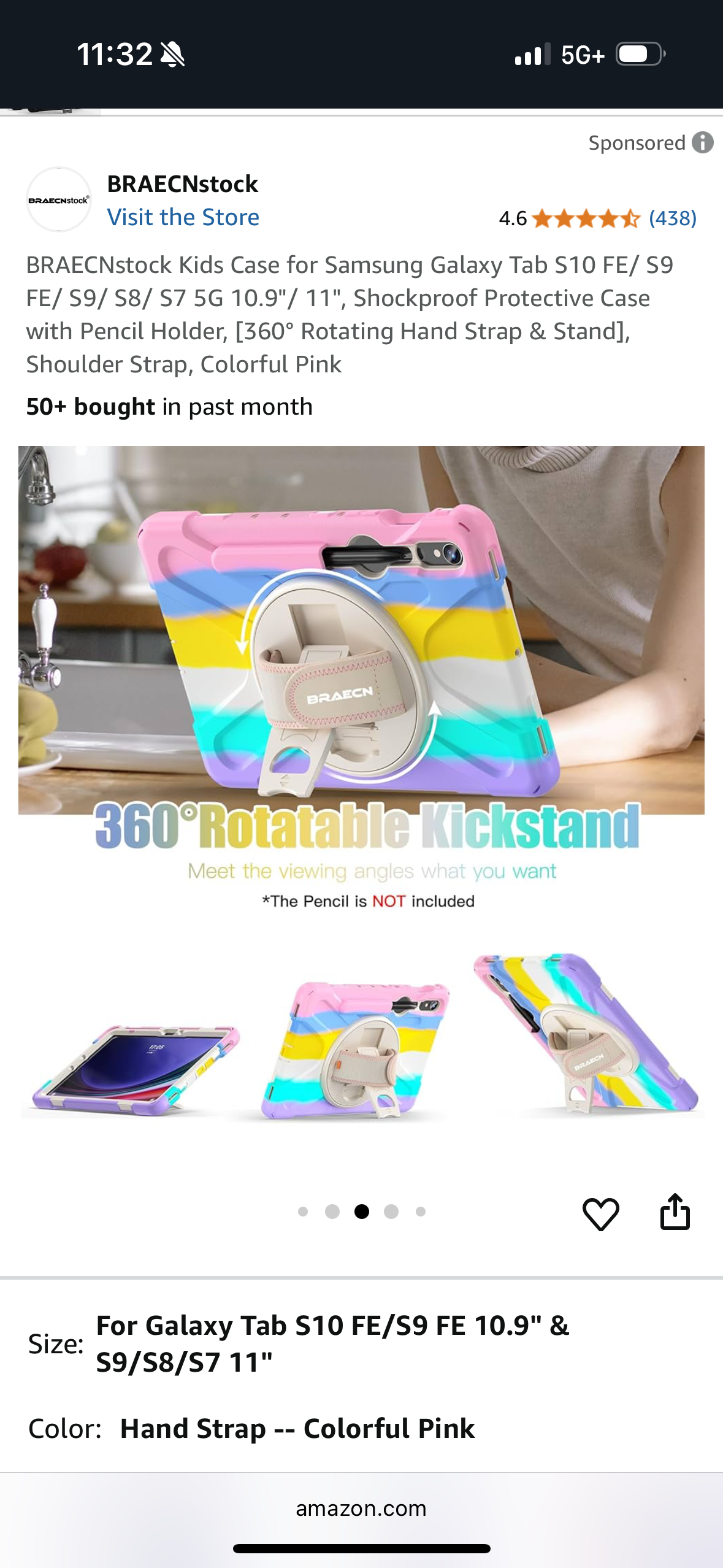 Kids Case for Tablet S10 FE/ S9 FE/ S9/ S8/ S7 5G 10.9"/ 11" Samsung Galaxy Tab, Shockproof Protective Case with Pencil Holder, 360° Rotating Hand Strap & Stand, Shoulder Strap