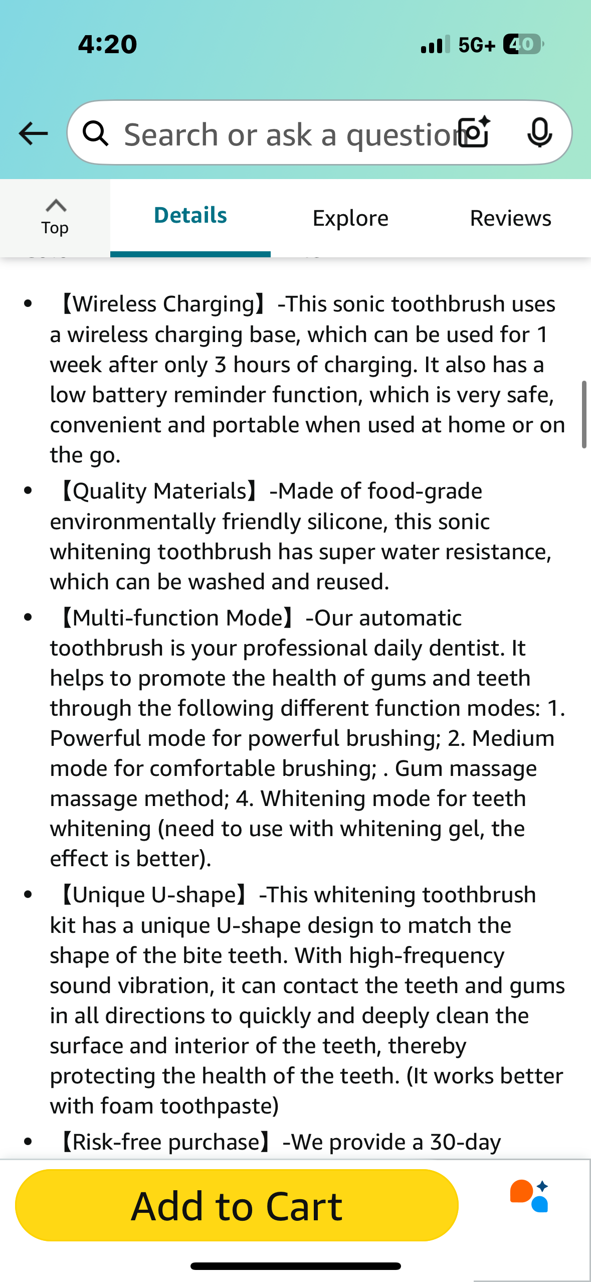 Automatic Toothbrush for Adults - Ultrasonic Electric Toothbrush 30s Timer, Soft Bristles, Wireless Charging Washable Portable for Travel & Home Use Dual-use(White, M)