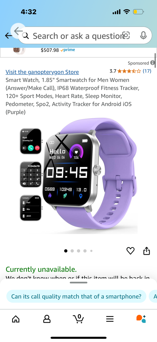 Smart Watch, 1.85" Smartwatch for Men Women (Answer/Make Call), IP68 Waterproof Fitness Tracker, 120+ Sport Modes, Heart Rate, Sleep Monitor, Pedometer, Spo2, Activity Tracker for Android iOS (Purple