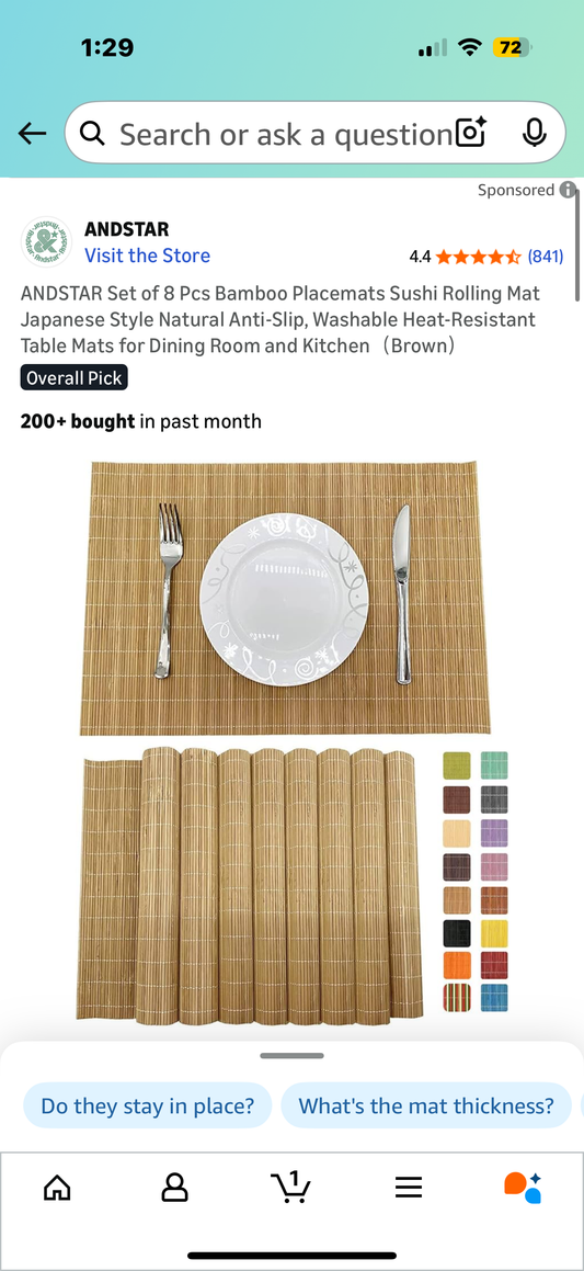 Set of 8 Pcs Bamboo Placemats Natural Anti-Slip, Washable Heat-Resistant Table Mats for Dining Room and Kitche