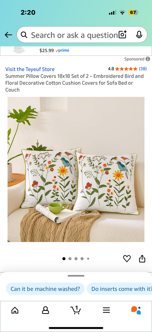Summer Pillow Covers 18x18 Set of 2 – Embroidered Bird and Floral Decorative Cotton Cushion Covers for Sofa Bed or Couch