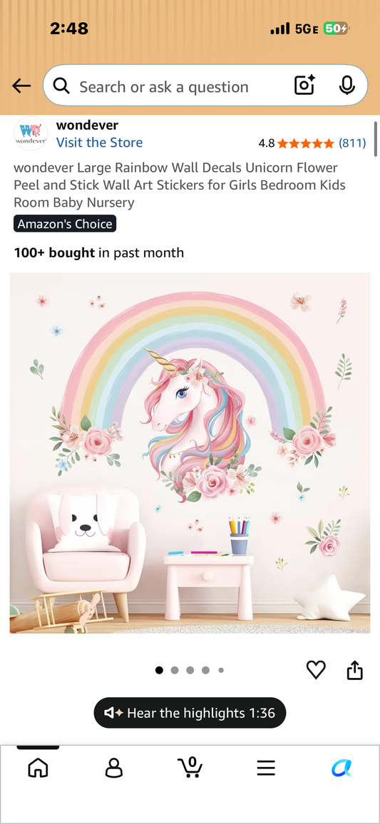 Large Rainbow Wall Unicorn Floral Wall Decal, Peel and Stick Wall Art for Kids Room, Baby Nursery