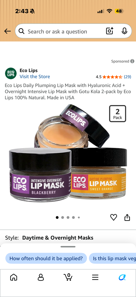 Eco Lips Daily Plumping Lip Mask with Hyaluronic Acid + Overnight Intensive Lip Mask with Gotu Kola 2-pack by Eco Lips 100% Natural. Made in USA