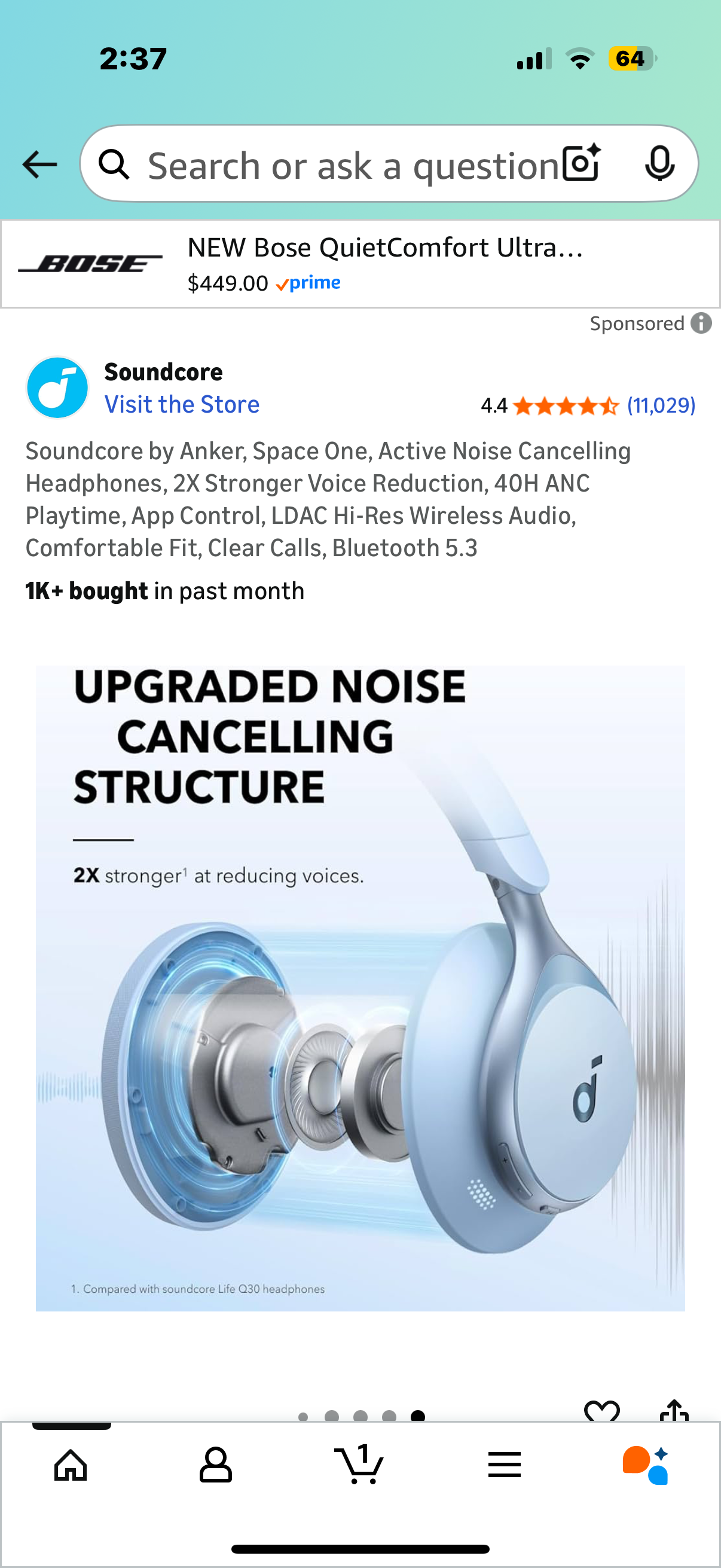 Soundcore by Anker, Space One, Active Noise Cancelling Headphones, 2X Stronger Voice Reduction, 40H ANC Playtime, App Control, LDAC Hi-Res Wireless Audio, Comfortable Fit, Clear Calls, Bluetooth