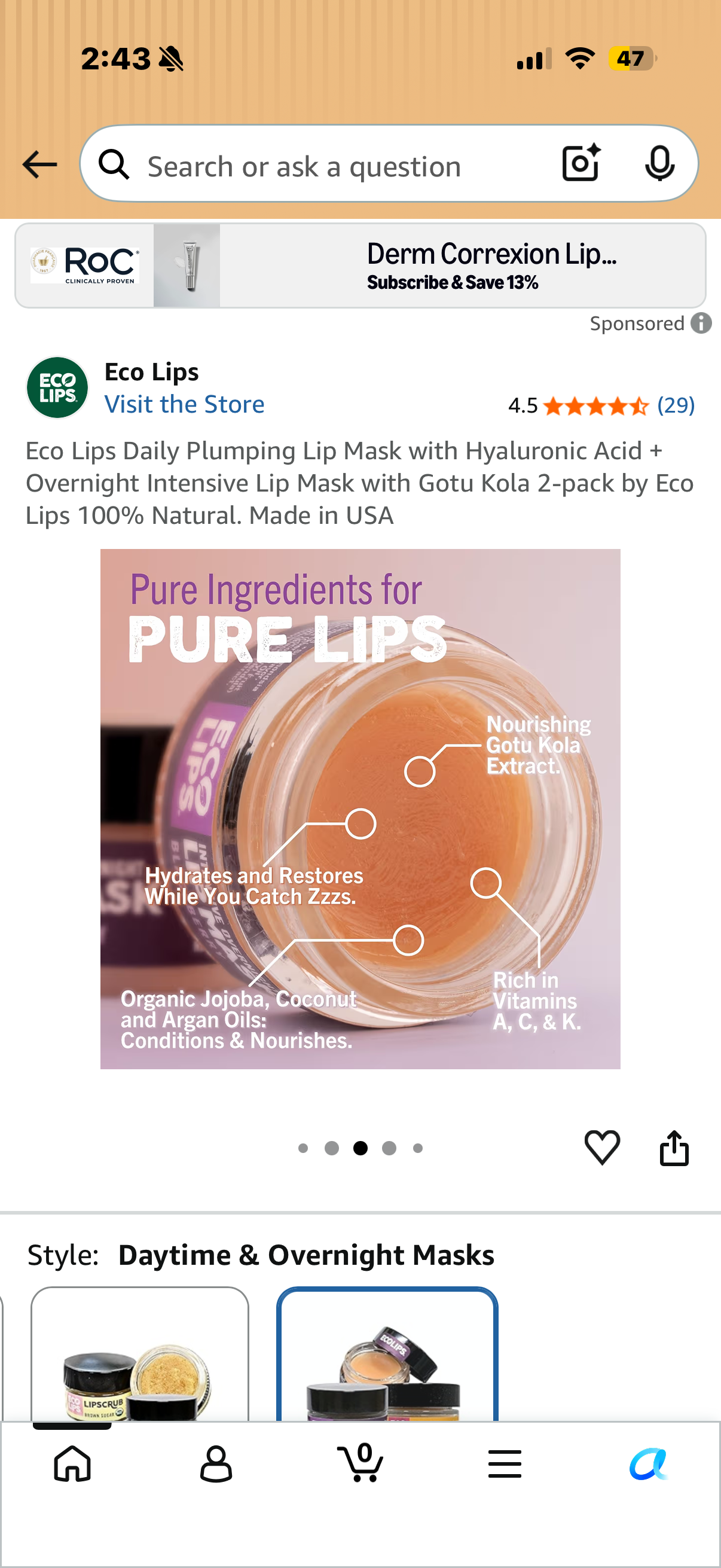 Eco Lips Daily Plumping Lip Mask with Hyaluronic Acid + Overnight Intensive Lip Mask with Gotu Kola 2-pack by Eco Lips 100% Natural. Made in USA