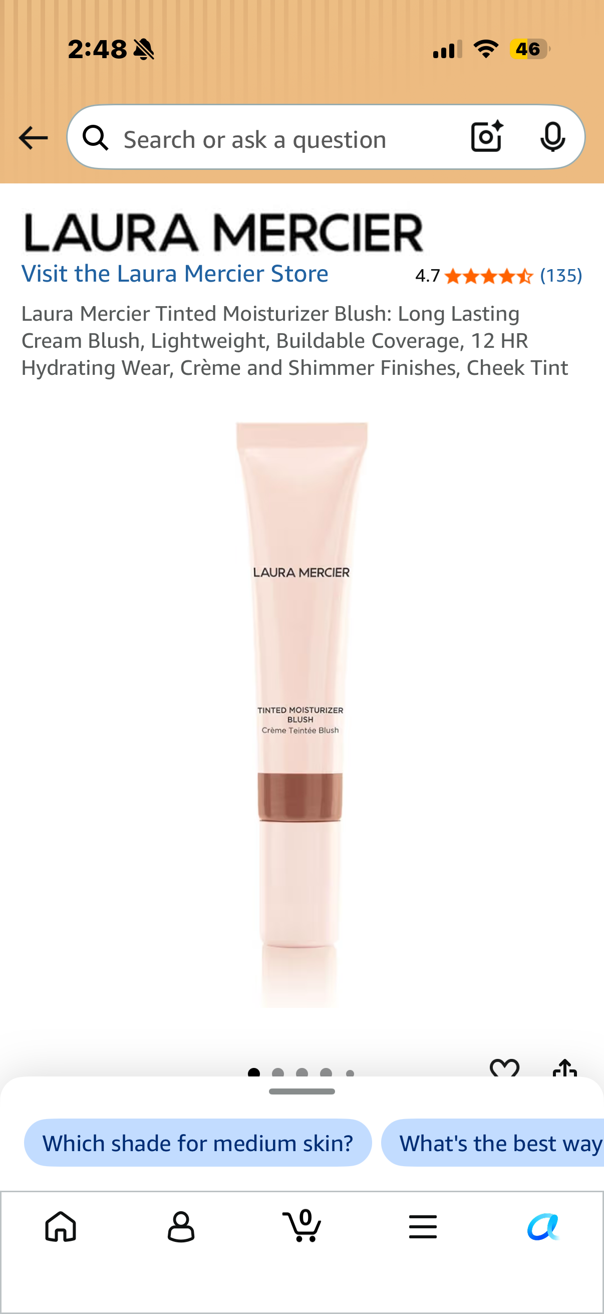 Laura Mercier Tinted Moisturizer Blush: Long Lasting Cream Blush, Lightweight, Buildable Coverage, 12 HR Hydrating Wear, Crème and Shimmer Finishes, Cheek Tint COASTLINE