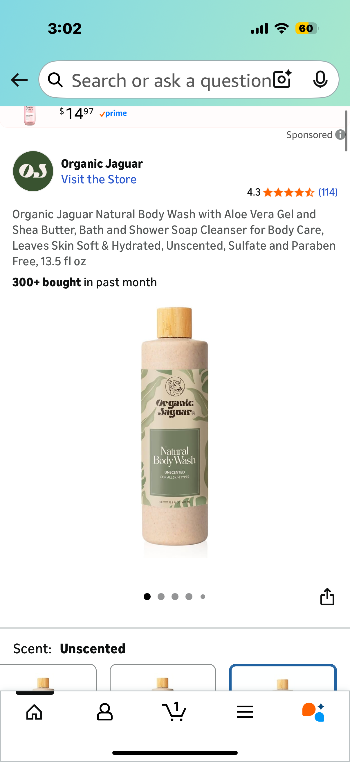 Organic Jaguar Natural Body Wash with Aloe Vera Gel and Shea Butter, Bath and Shower Soap Cleanser for Body Care, Leaves Skin Soft & Hydrated, Unscented, Sulfate and Paraben Free, 13.5 fl oz