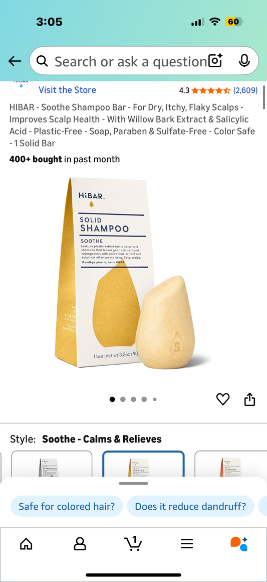 HIBAR - Soothe Shampoo Bar - For Dry, Itchy, Flaky Scalps - Improves Scalp Health - With Willow Bark Extract & Salicylic Acid - Plastic-Free - Soap, Paraben & Sulfate-Free - Color Safe - 1 Solid Bar