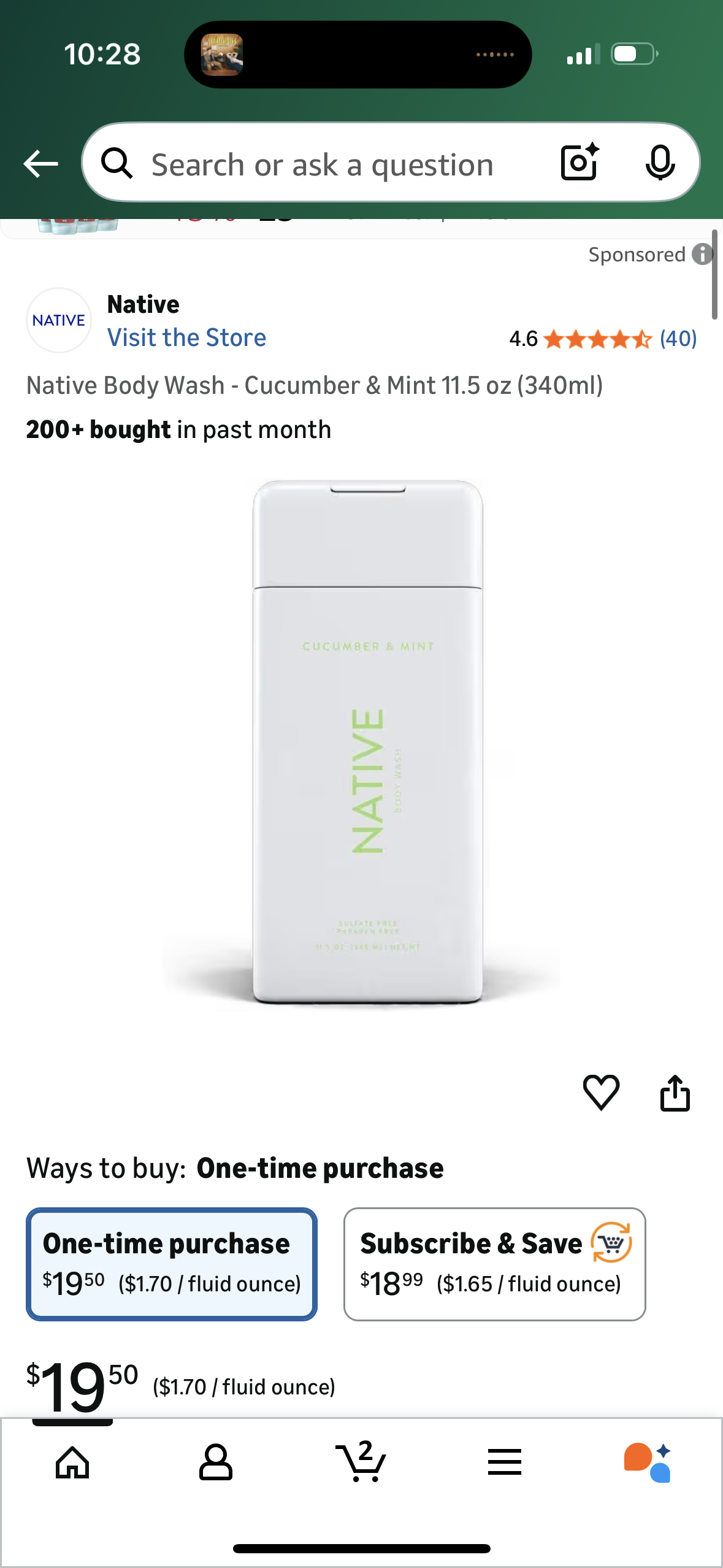 Native Body Wash - Cucumber & Mint 18 oz (340ml)