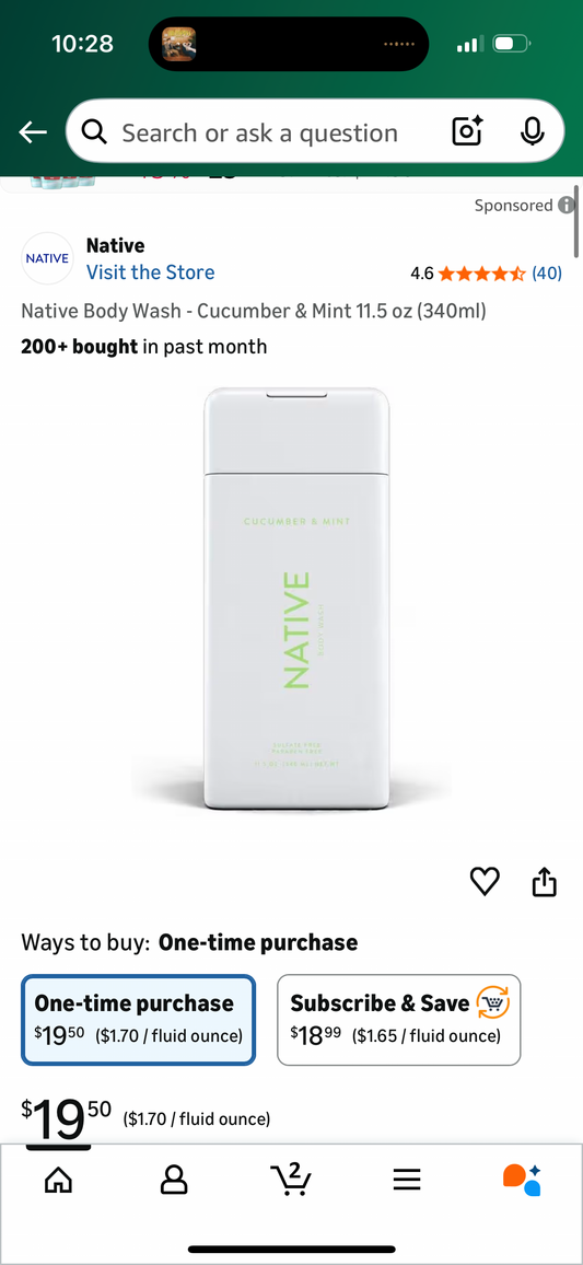 Native Body Wash - Cucumber & Mint 18 oz (340ml)