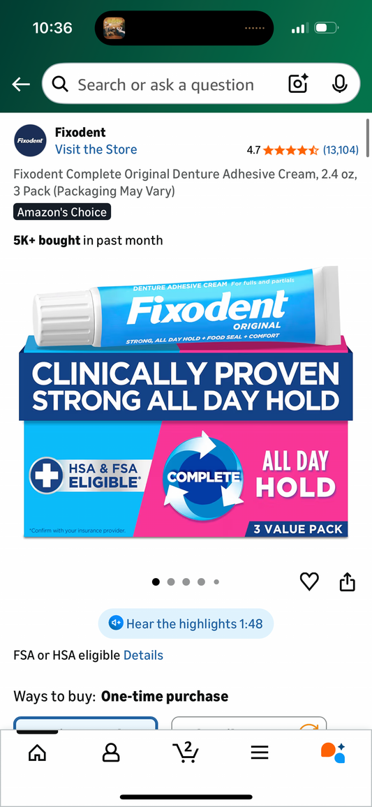 Fixodent Complete Original Denture Adhesive Cream, 2.4 oz, 3 Pack (Packaging May Vary)