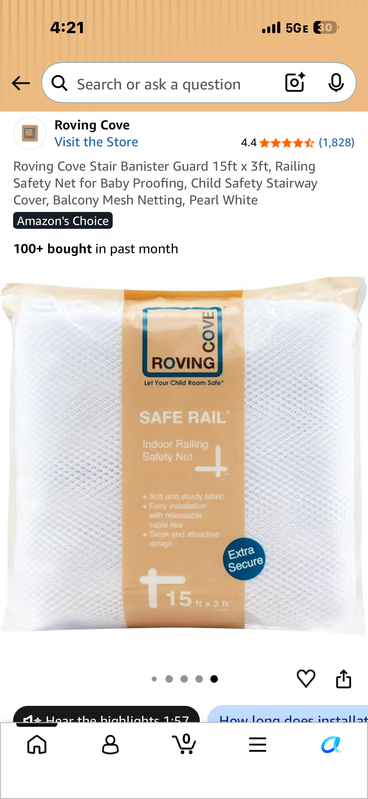 Roving Cove Stair Banister Guard 15ft x 3ft, Railing Safety Net for Baby Proofing, Child Safety Stairway Cover, Balcony Mesh Netting, Pearl White