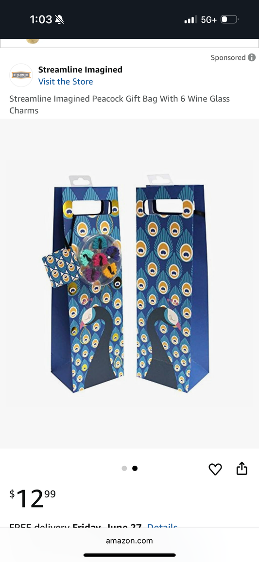 Streamline Imagined Peacock Gift Bag With 6 Wine Glass Charms