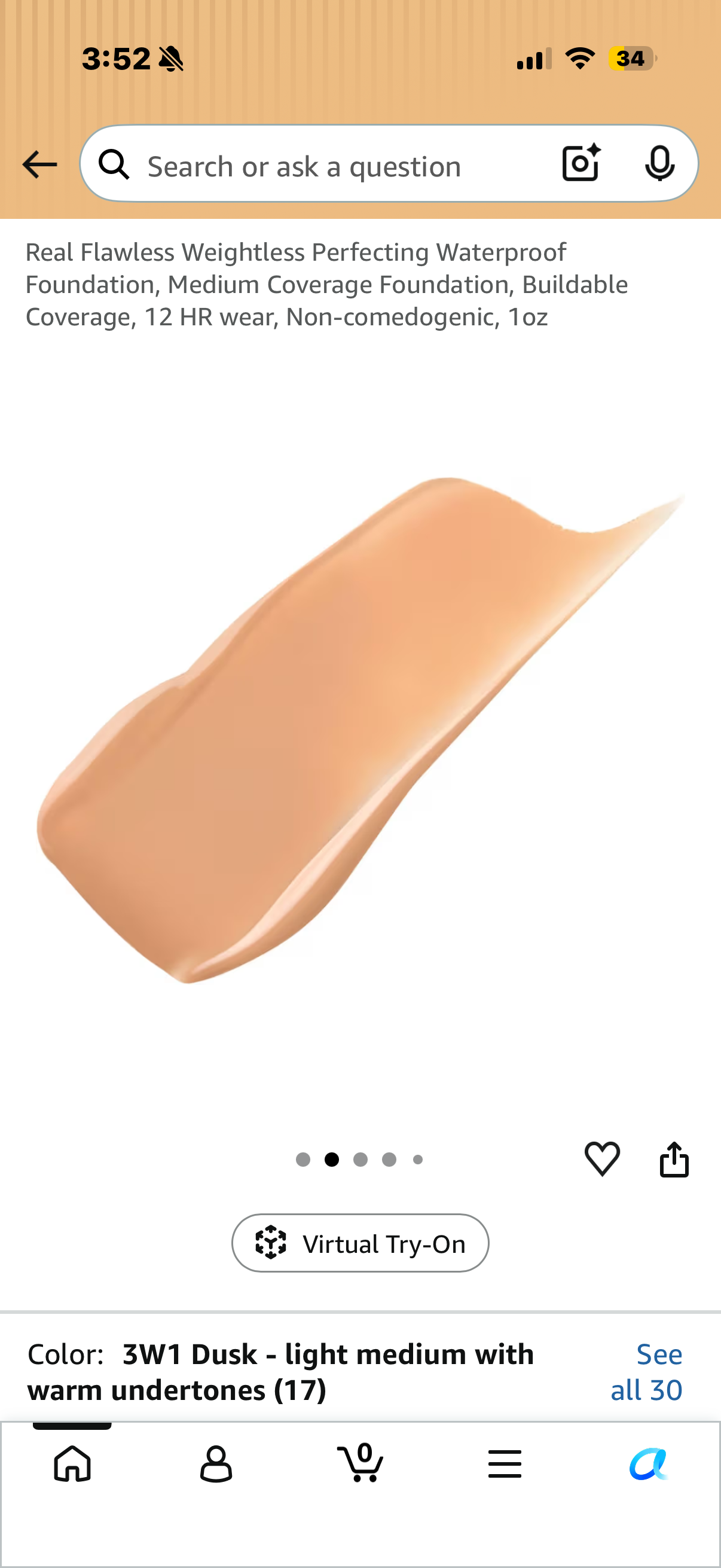 Real Flawless Weightless Perfecting Waterproof Foundation, Medium Coverage Foundation, Buildable Coverage, 12 HR wear, Non-comedogenic, 1oz ECRU