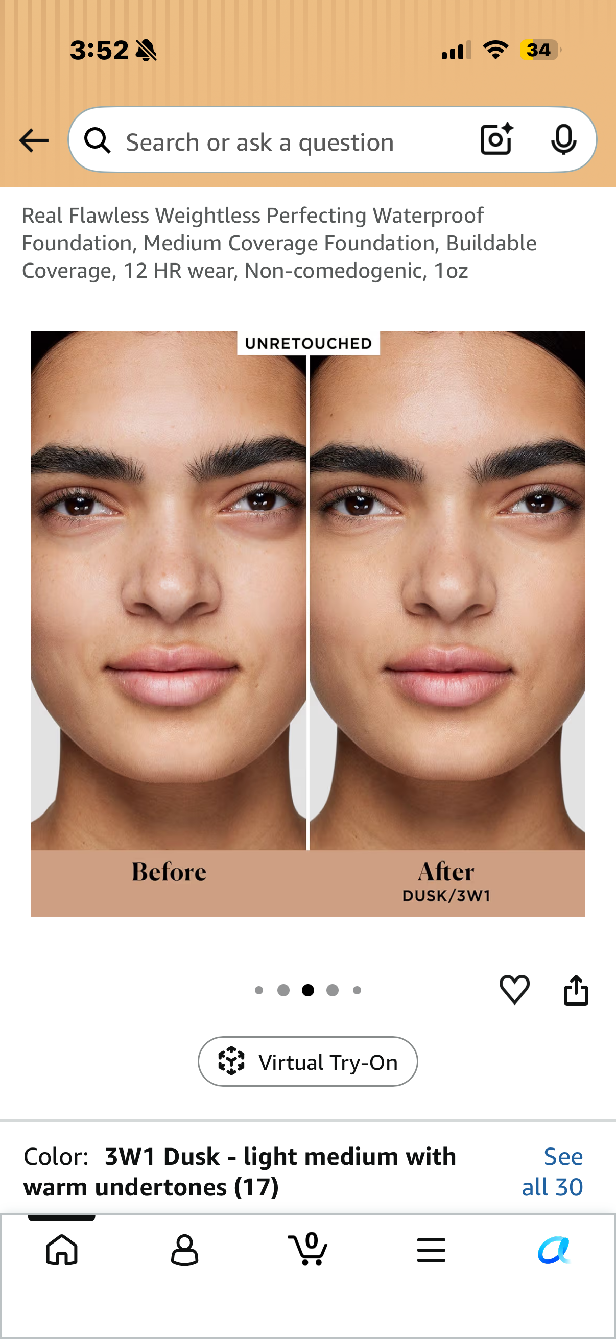 Real Flawless Weightless Perfecting Waterproof Foundation, Medium Coverage Foundation, Buildable Coverage, 12 HR wear, Non-comedogenic, 1oz ECRU
