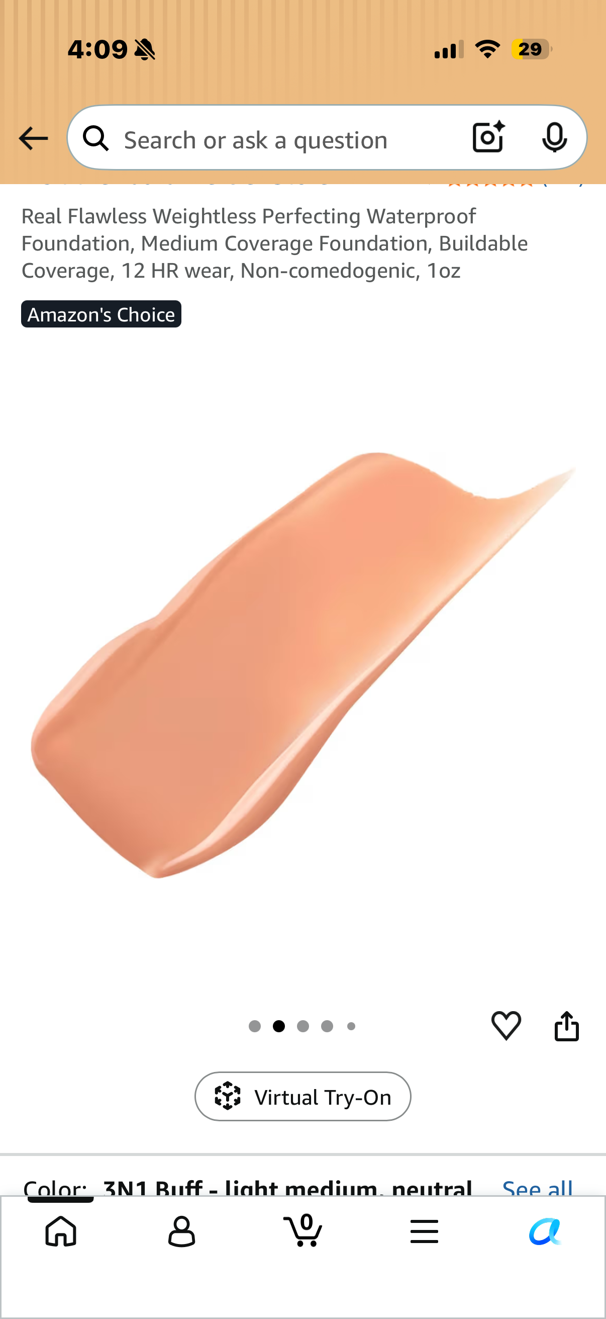 Real Flawless Weightless Perfecting Waterproof Foundation, Medium Coverage Foundation, Buildable Coverage, 12 HR wear, Non-comedogenic, 1oz BUFF