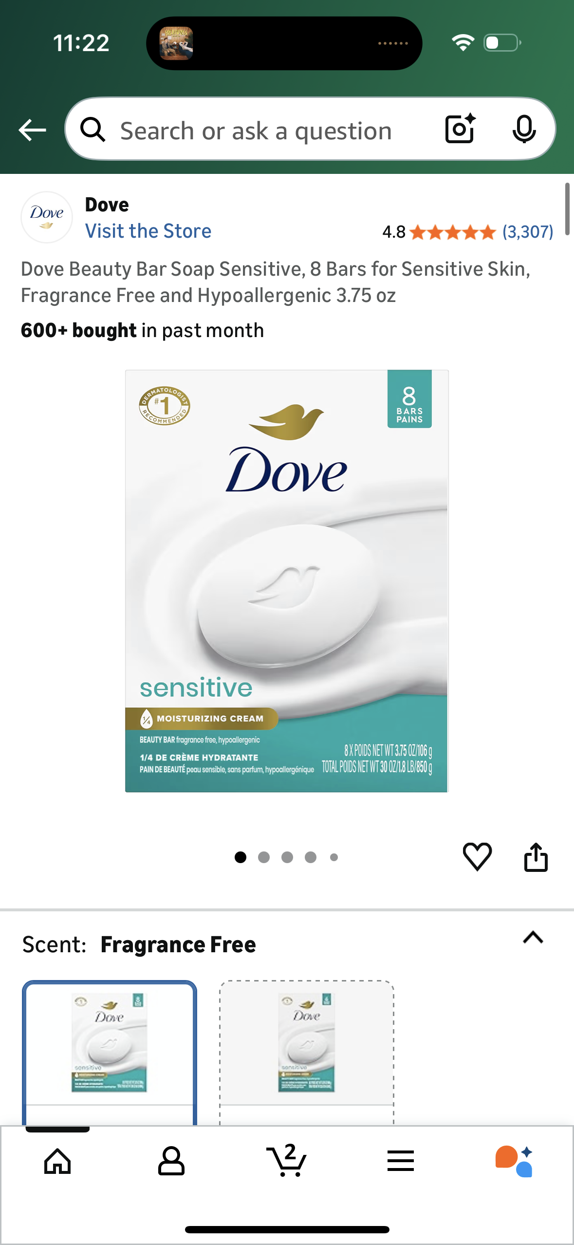 Dove Beauty Bar Soap Sensitive, 8 Bars for Sensitive Skin, Fragrance Free and Hypoallergenic 3.75 oz
