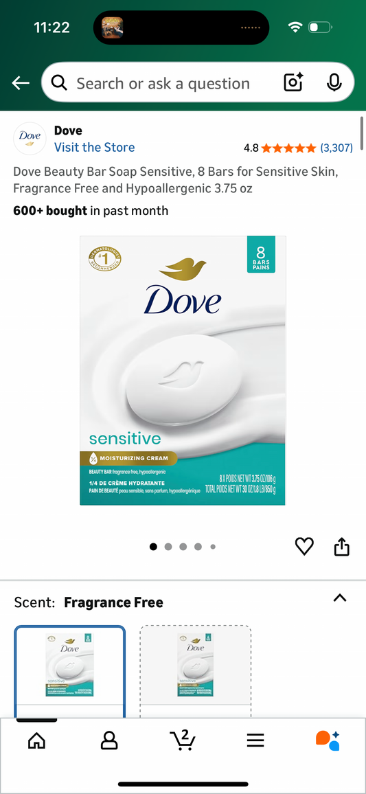 Dove Beauty Bar Soap Sensitive, 8 Bars for Sensitive Skin, Fragrance Free and Hypoallergenic 3.75 oz